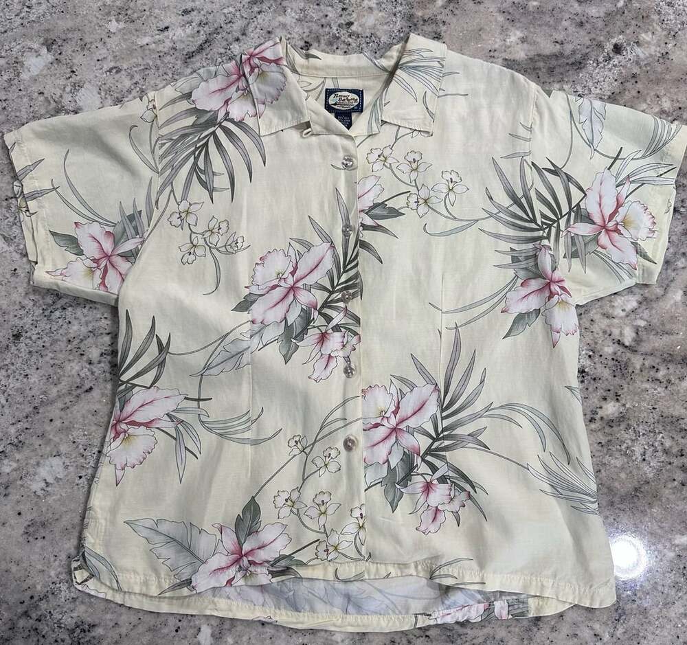 Tommy Bahama Silk Blend Floral Button Down Shirt Cream